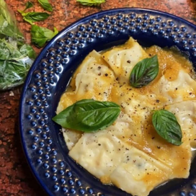 Ravioli: Ricotta, Feta, Caramelized Onions & Basil